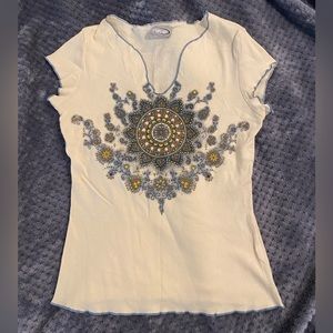 NWOT PC beaded festival style top in off white, blue, brown and gold